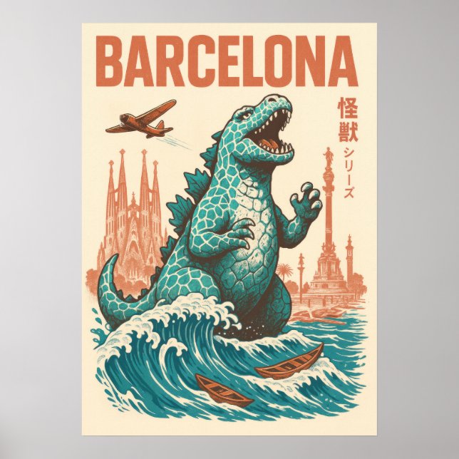 Kaiju Invasion Barcelona – Vintage Sci-Fi Art Poster (Front)
