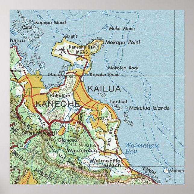 Kailua and Kaneohe Oahu Vintage Map Poster (Front)