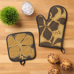 Kailua Hibiscus Hawaiian Floral Gold Brown Oven Mitt & Pot Holder Set