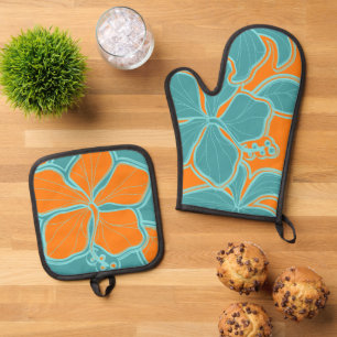 Kailua Hibiscus Hawaiian Floral Orange Teal Oven Mitt & Pot Holder Set
