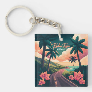 Kailua Kona Hawaii Big Island Sunset Retro Key Ring