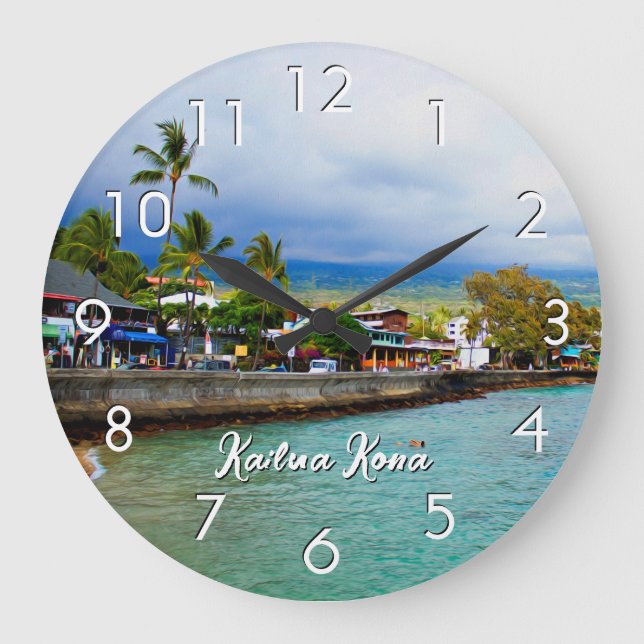 Kailua Kona Pier Hawaii Oil Paint Digital Art Large Clock (Front)