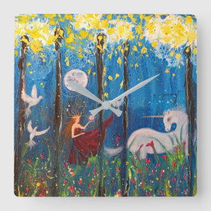 Kairos Woman and Unicorn Forest Fantasy Art Square Wall Clock