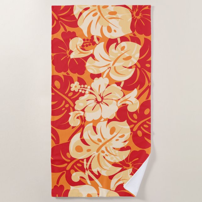 Kalakaua Border Hawaiian Hibiscus - Orange Beach Towel (Front)