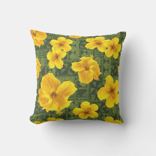 Kalalau Tapa Tropical Hawaiian Hibiscus Outdoor Cushion (Front)