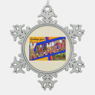 Kalamazoo Michigan Vintage Large Letter Postcard Snowflake Pewter Christmas Ornament