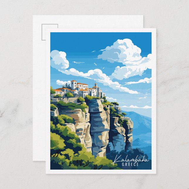 Kalambaka Greece vintage travel illustration Postcard (Front/Back)