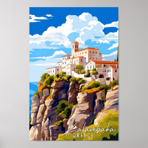 Kalambaka Greece vintage travel illustration Poster