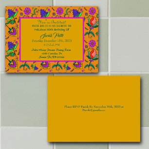 Kalamkari Birthday Flowers Colourful Yellow Invitation