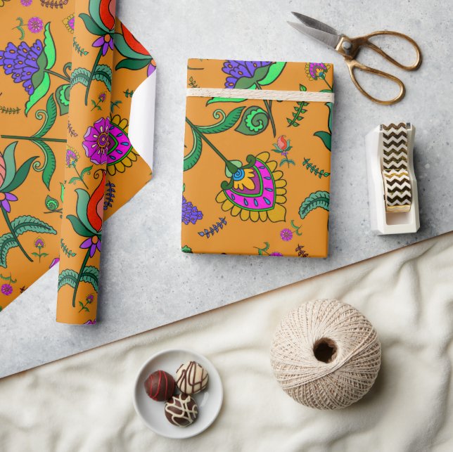 Kalamkari Birthday Flowers Colourful Yellow  Wrapping Paper (Crafts)