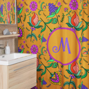 Kalamkari Colorful Flowers Yellow Background Green Shower Curtain