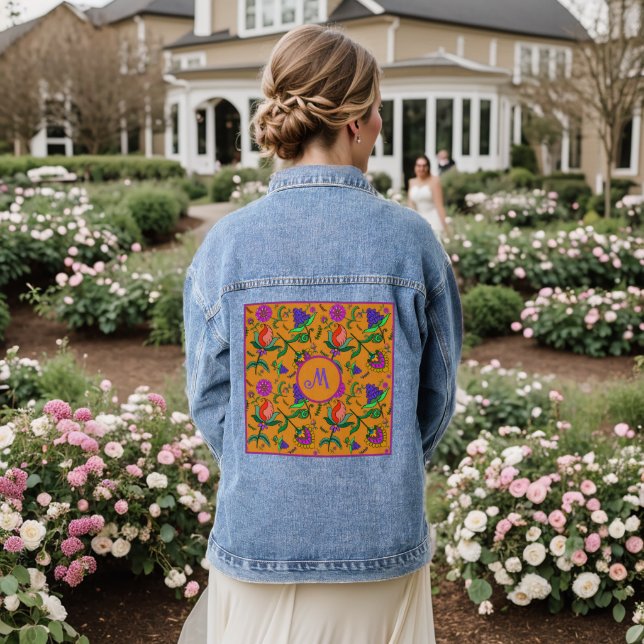 Kalamkari Colourful Flowers Yellow Background Gree Denim Jacket (Wedding Back)