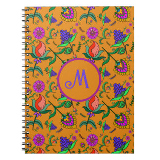 Kalamkari Colourful Flowers Yellow Background Gree Notebook
