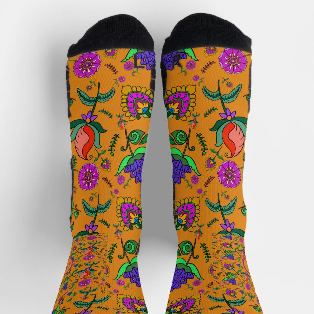 Kalamkari Colourful Flowers Yellow Background Gree Socks (Top)