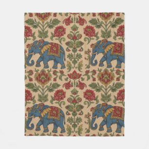 Kalamkari Floral Elephant – Traditional Indian Fol Fleece Blanket