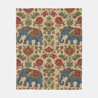 Kalamkari Floral Elephant – Traditional Indian Fol Fleece Blanket