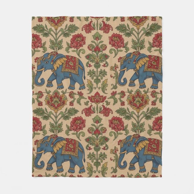 Kalamkari Floral Elephant – Traditional Indian Fol Fleece Blanket (Front)