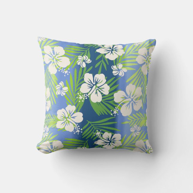 Kalani Tie Dye Tropical Hibiscus Reversible - Blue Cushion (Front)