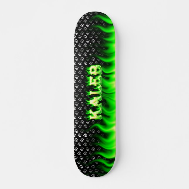 Kaleb green fire and flames skateboard design. (Front)