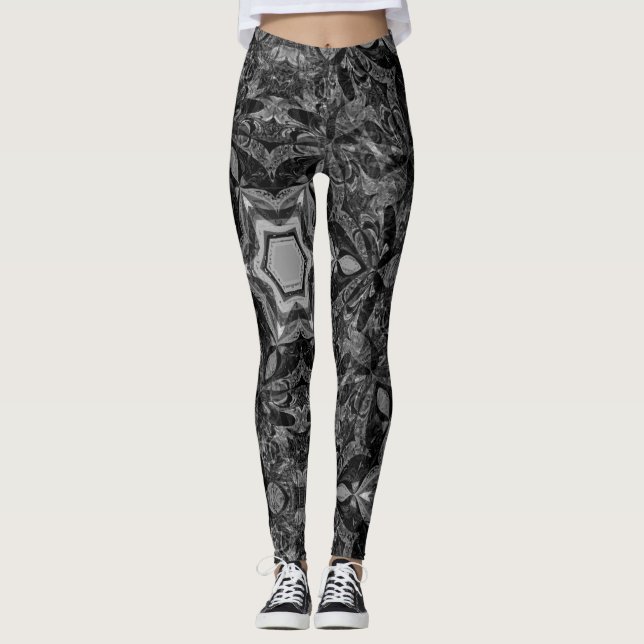 kaleidoscope  black and white pattern leggings (Front)
