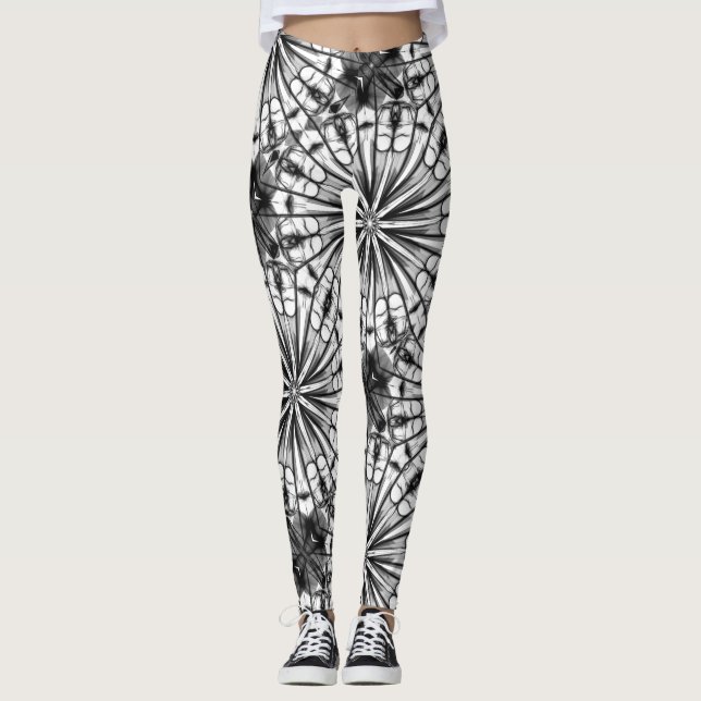 KALEIDOSCOPE BLACK WHITE RADIAL REPEAT PATTERN LEGGINGS (Front)