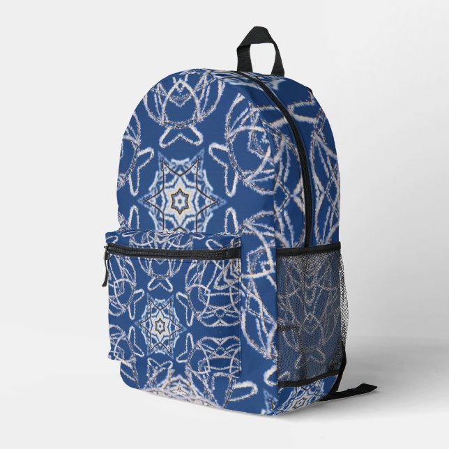 Kaleidoscope Bright Blue, White, Single Star Printed Backpack (Back Corner Right)