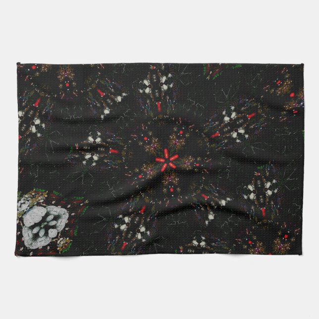 Kaleidoscope Design Black Red Floral Pattern Tea Towel (Horizontal)