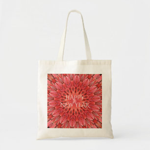 Kaleidoscope Design Red Flower Happy New Year Text Tote Bag
