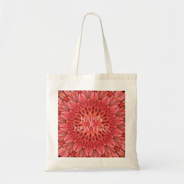 Kaleidoscope Design Red Flower Happy New Year Text Tote Bag (Front)