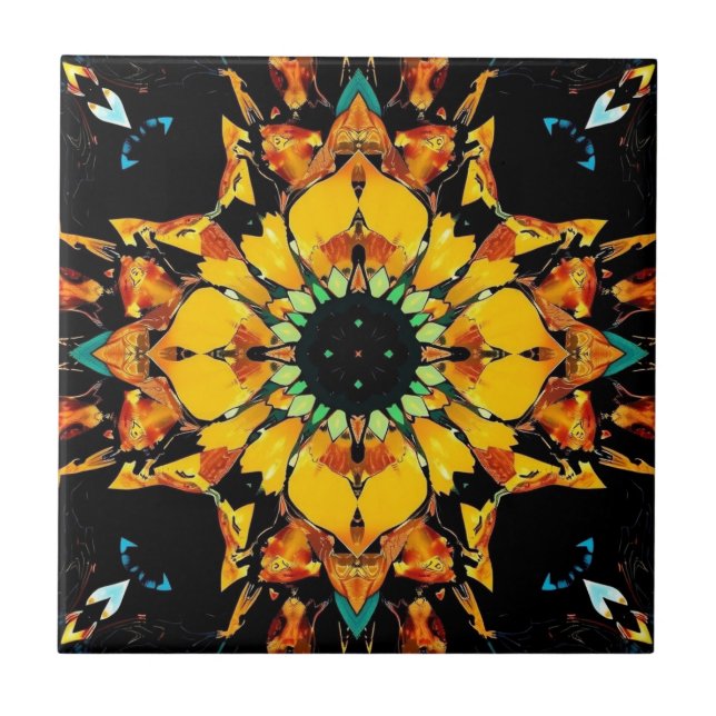 Kaleidoscope Dreams: An Abstract Sunflower Ceramic Tile (Front)