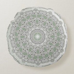 Kaleidoscope Fractal Mandala - grey green Round Cushion