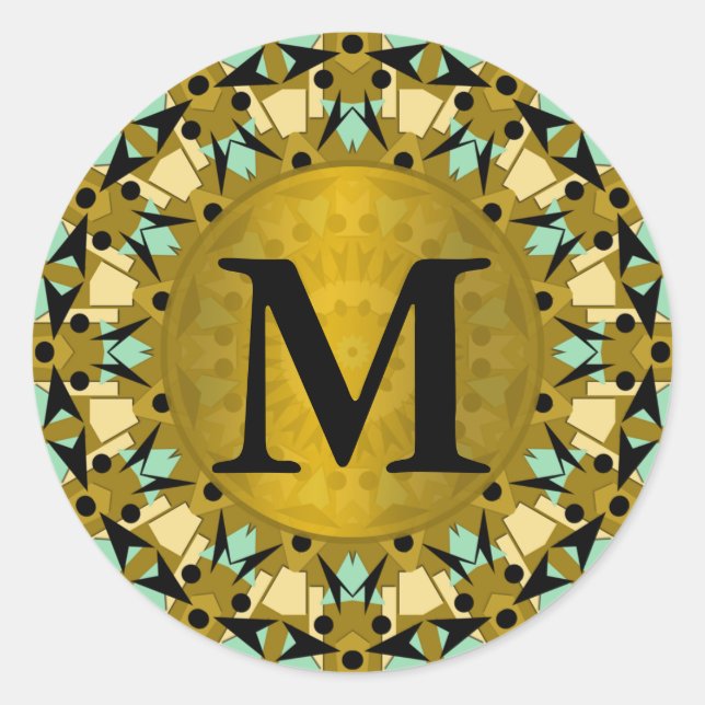 Kaleidoscope Gold, Green Monogram Round Sticker (Front)