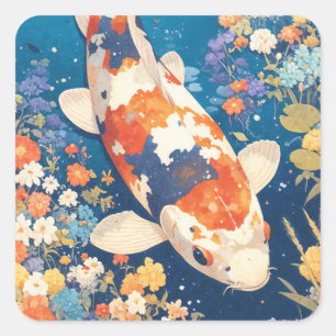 Kaleidoscope Koi Swimming in Floral Waters Square Sticker