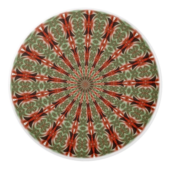 Kaleidoscope Mandala ceramic knob in red and green (Front)