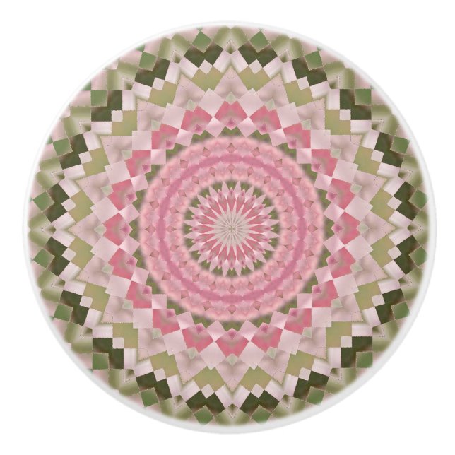 Kaleidoscope Mandala ceramic knob pink and green (Front)