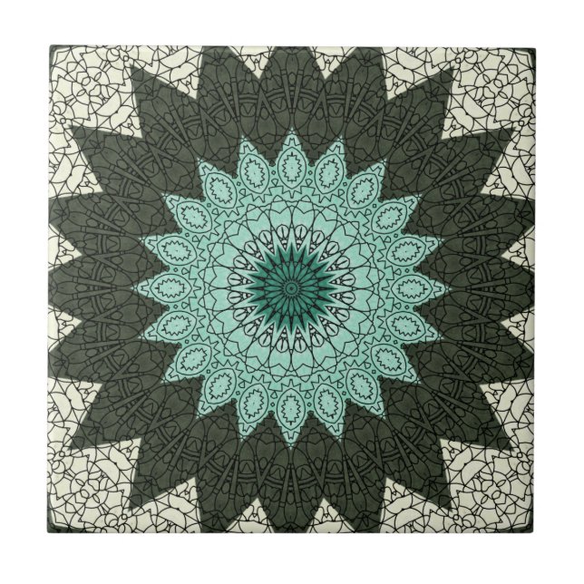 Kaleidoscope Mandala in Green and Blue Ceramic Tile (Front)