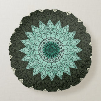 Kaleidoscope Mandala in Green and Blue Round Cushion