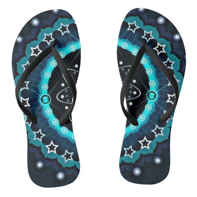 Kaleidoscope Mandala with Black Background  Thongs (Footbed)