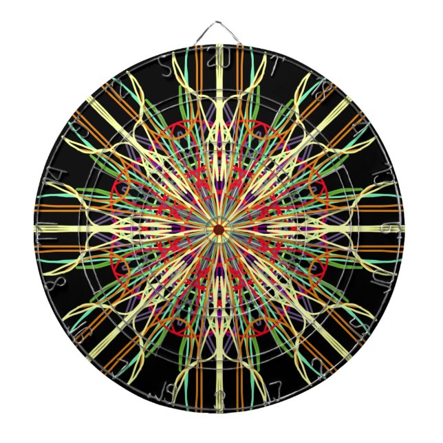 Kaleidoscope orange yellow black green blue flower dartboard (Front)