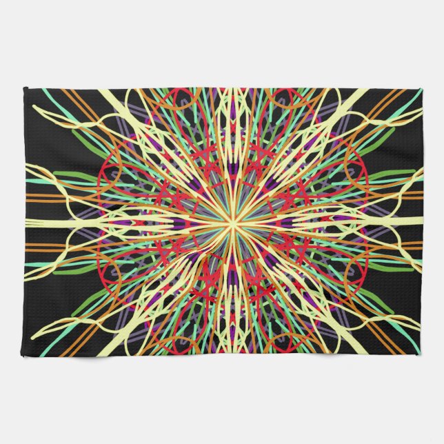 Kaleidoscope orange yellow black green blue flower tea towel (Horizontal)