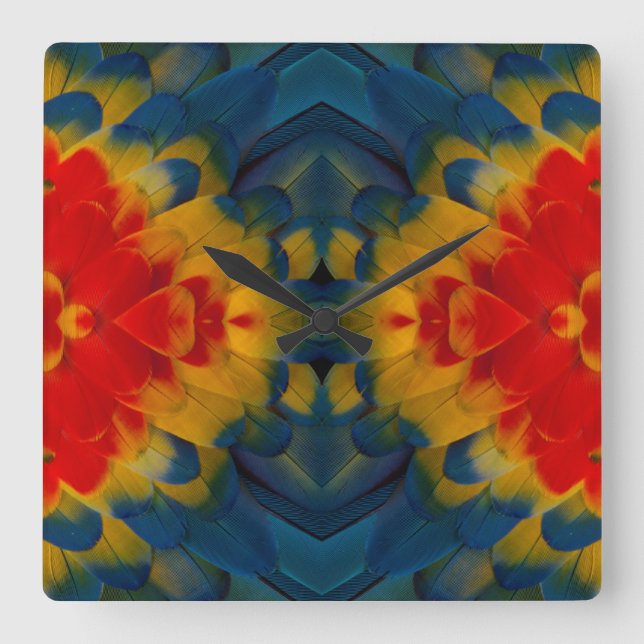 Kaleidoscope Scarlet Macaw design Square Wall Clock (Front)