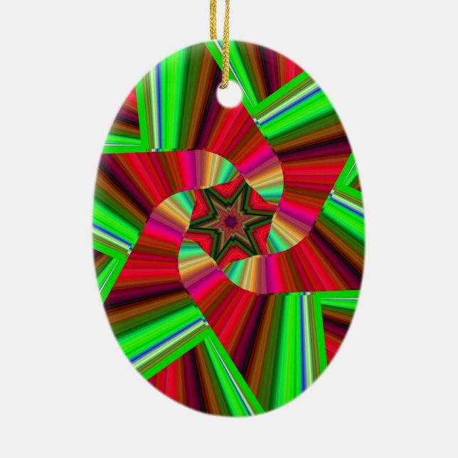 Kaleidoscope Star Art Red Green Ceramic Ornament (Back)