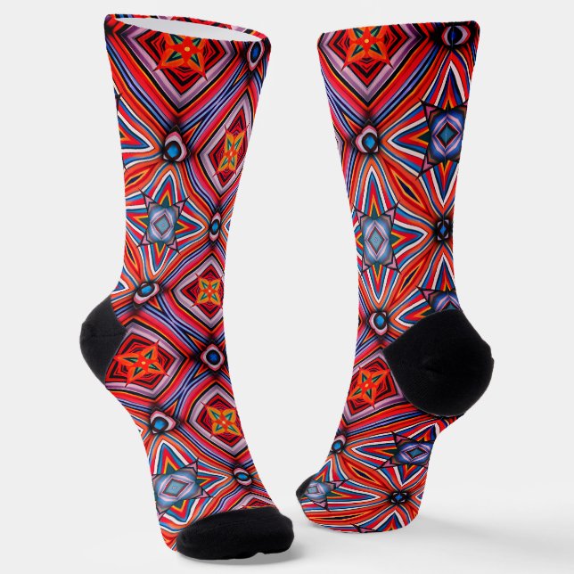 Kaleidoscopic Design in Warm Colorway Socks (Angled)