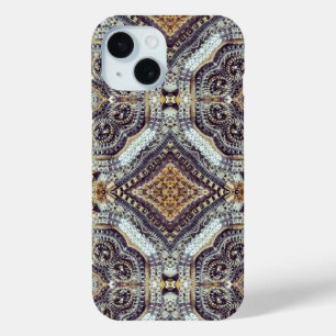 Kaleidoscopic grey Gold Medallion steampunk gears iPhone 15 Case