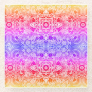  Kaleidoscopic Mandala in Blue, Yellow and Pink Glass Coaster