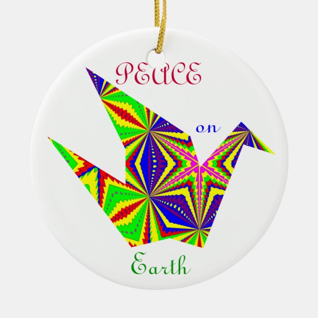 Kaleidoscopic Peace Crane Ornament. 1 Ceramic Ornament (Front)