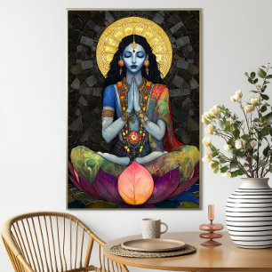 Kali in Meditation: Mosaic Blue Gold Goddess Art Poster