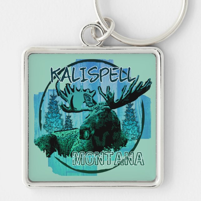 Kalispell Montana rustic moose keychain (Front)