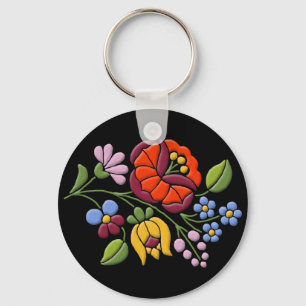 Kalocsa Embroidery - Hungarian Folk Art black bg. Key Ring