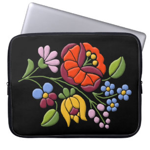 Kalocsa Embroidery - Hungarian Folk Art black bg. Laptop Sleeve